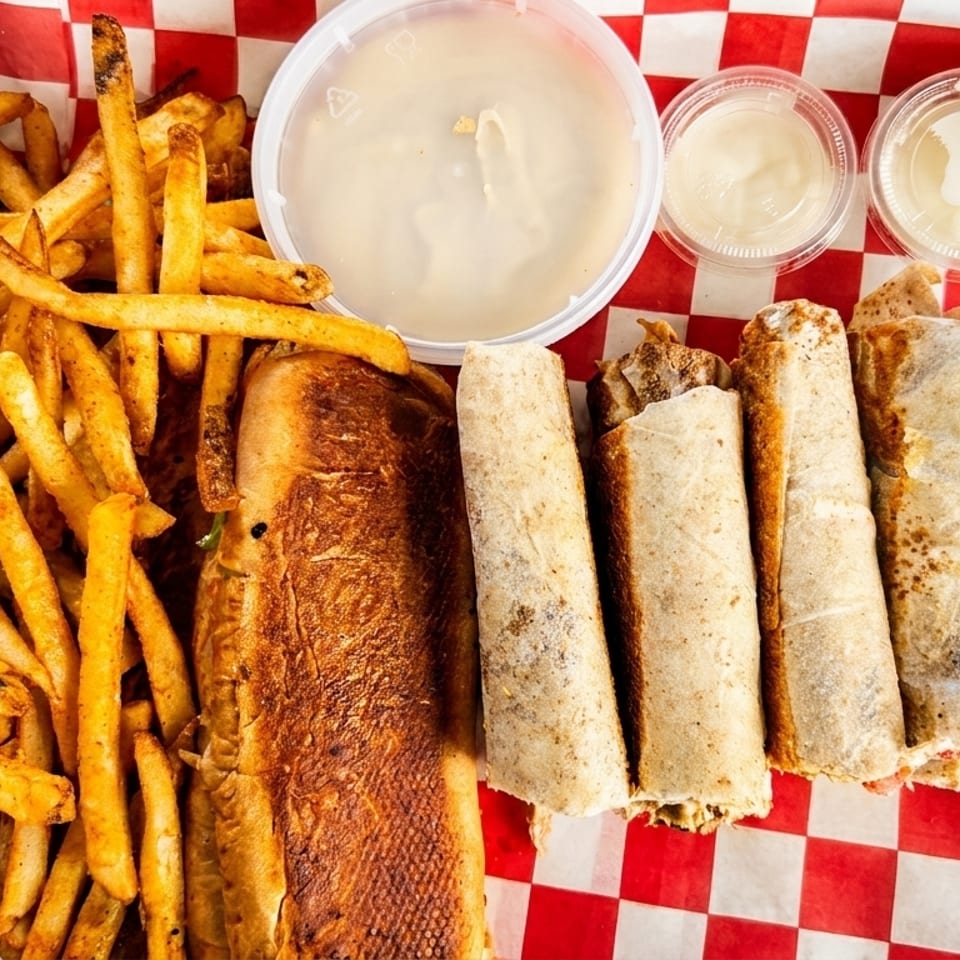 A platter of fries, a toasted sub sandwich, and four wraps with dipping sauces on red and white checkered paper.